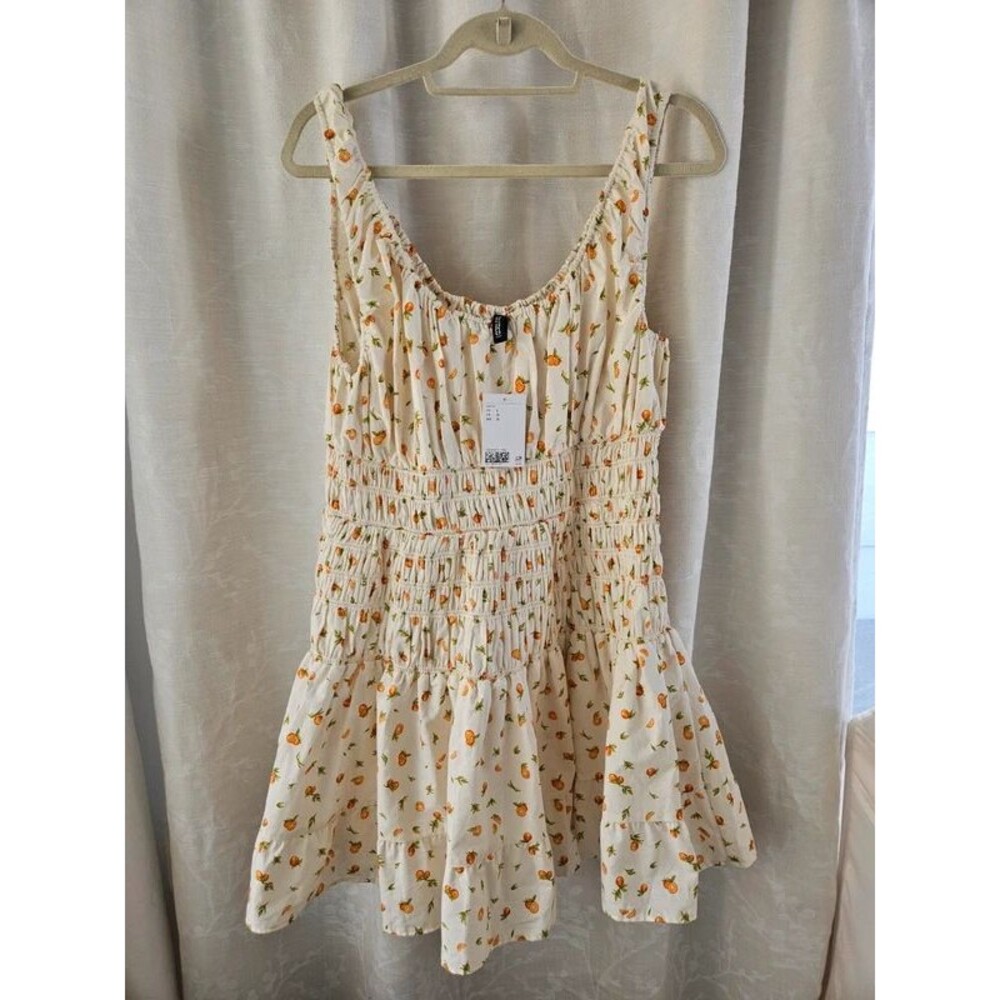 H&M Divided Orange Print Smocked Tiered Mini Dress - Size L